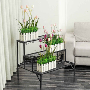 3 Tier Flower Stand Plant Rack Metal - Black