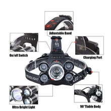 Load image into Gallery viewer, LED Headlamp High Lumen 5 LED Light Ultra Bright USB Rechargeable 4 Modes Waterproof
