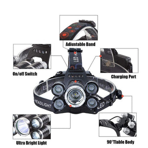 LED Headlamp High Lumen 5 LED Light Ultra Bright USB Rechargeable 4 Modes Waterproof